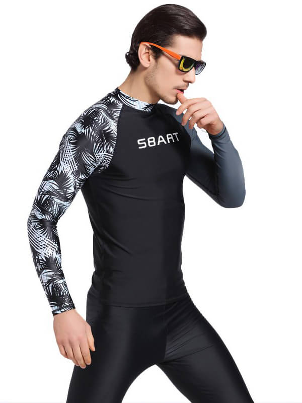 Men's Fashion Stretch Rashguard with Print, Long Sleeves, UPF50, Black and Patterned for Surfing, Swimming, Quick-Drying Performance.